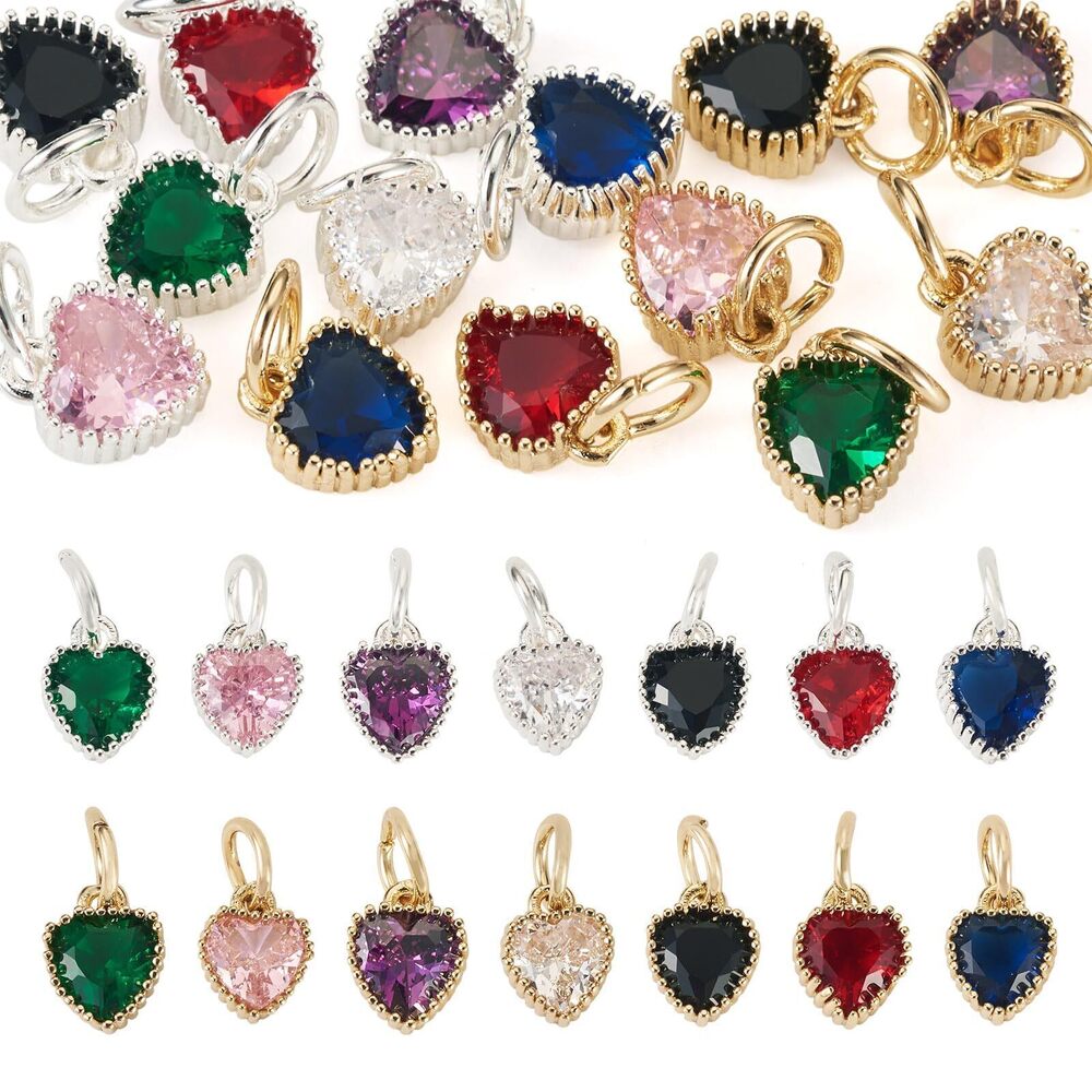 1658 Pandahall 14Pcs Cubic Zirconia Heart Charms Brass CZ Love Heart